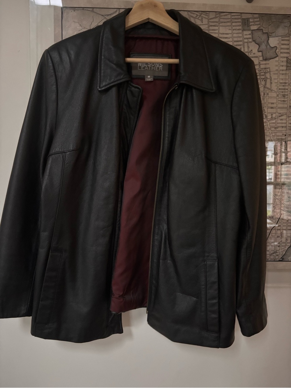 Wilsons Leather Black Leather Jacket with Burgundy Lining